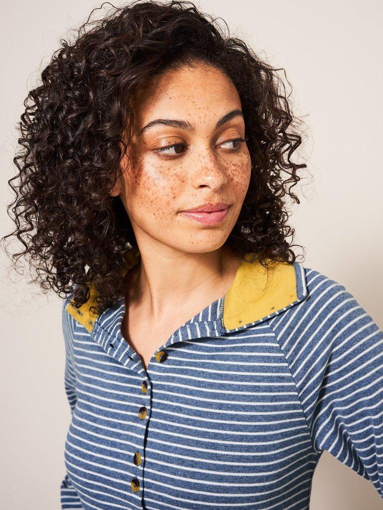 Billy Button Through Roll Neck in BLUE MLT - MODEL DETAIL