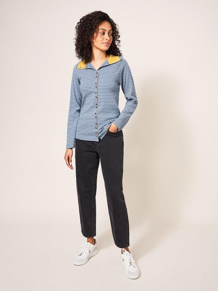 Billy Button Through Roll Neck in BLUE MLT - MODEL FRONT
