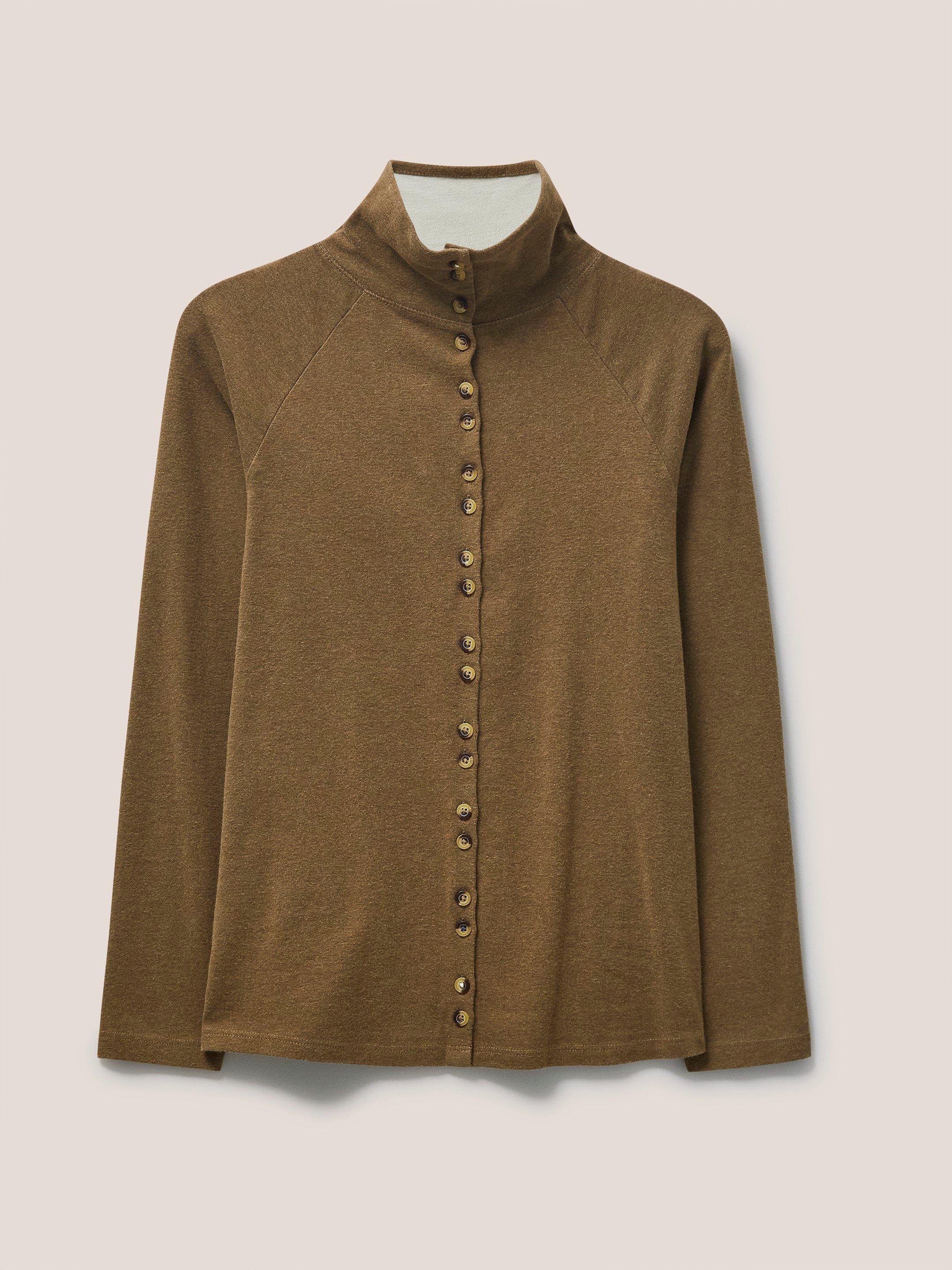 Billy Button Through Roll Neck in KHAKI GRN - FLAT FRONT