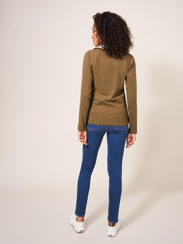 Billy Button Through Roll Neck in KHAKI GRN - MODEL BACK