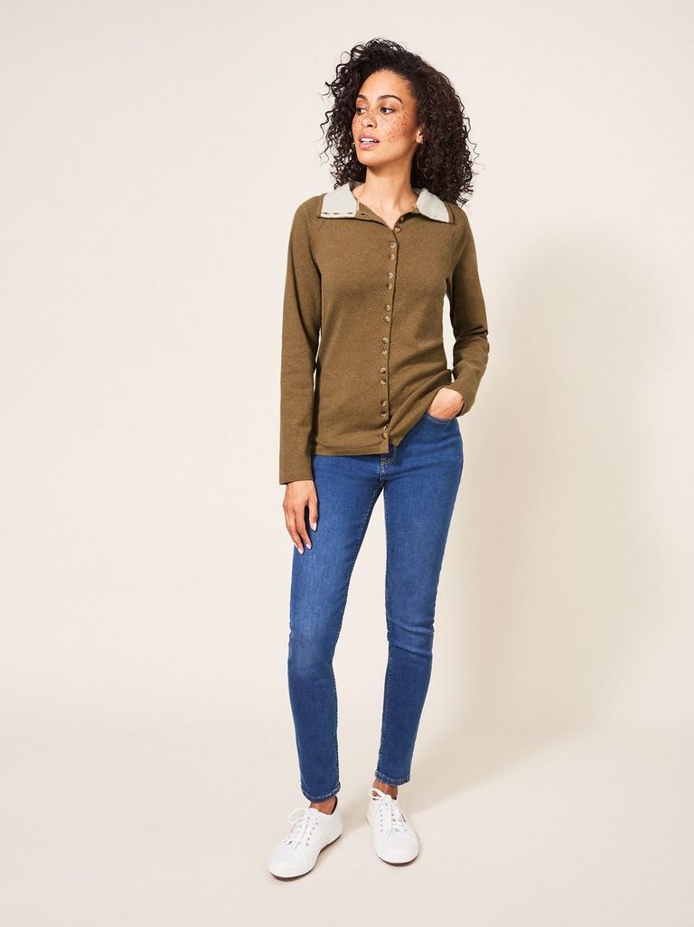 Billy Button Through Roll Neck in KHAKI GRN - MODEL FRONT