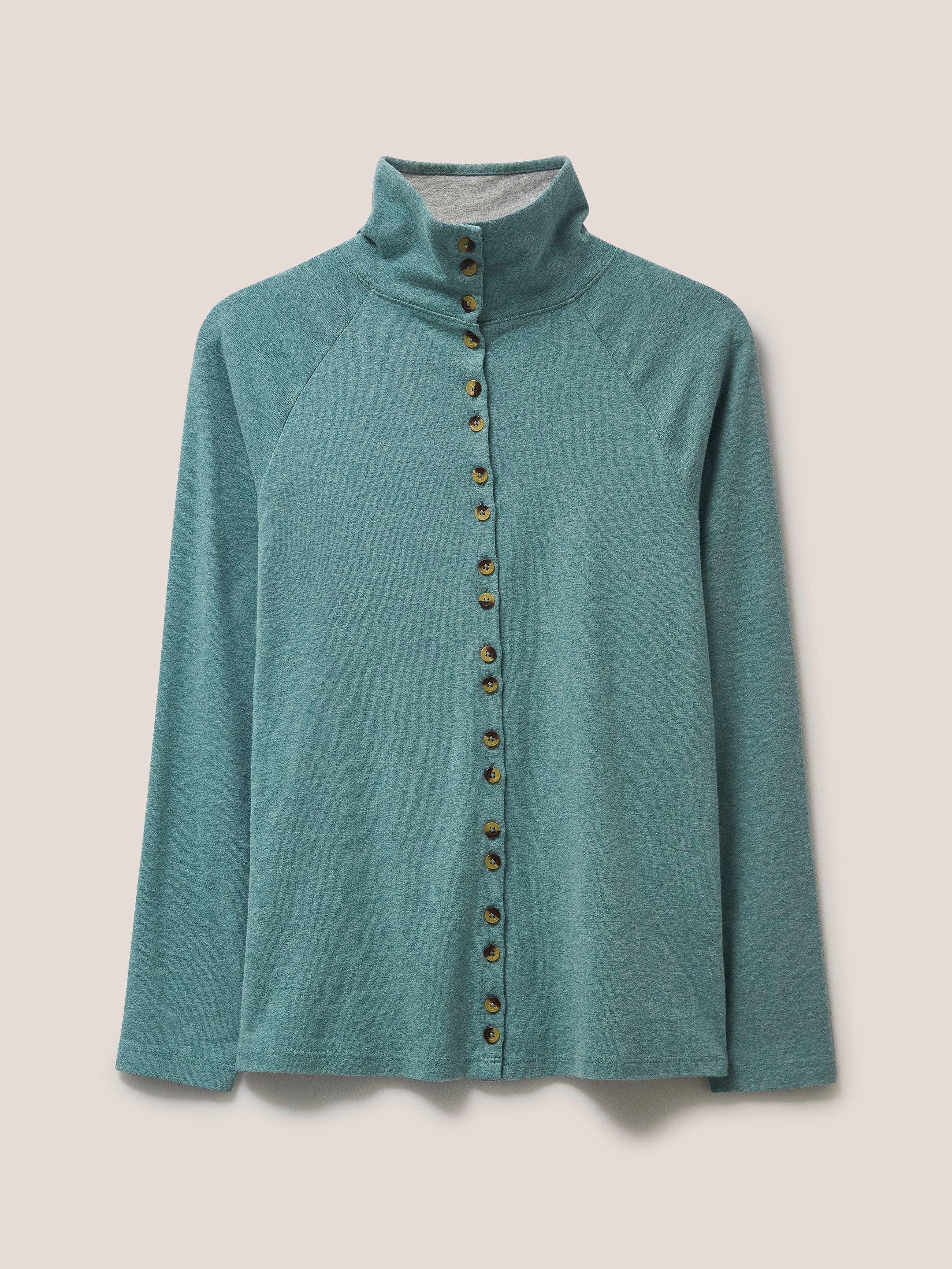 Billy Button Through Roll Neck in MID TEAL - FLAT FRONT