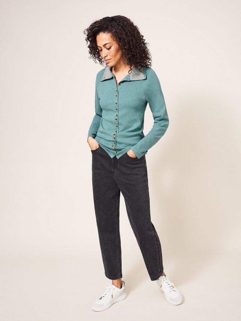 Billy Button Through Roll Neck in MID TEAL - MODEL FRONT