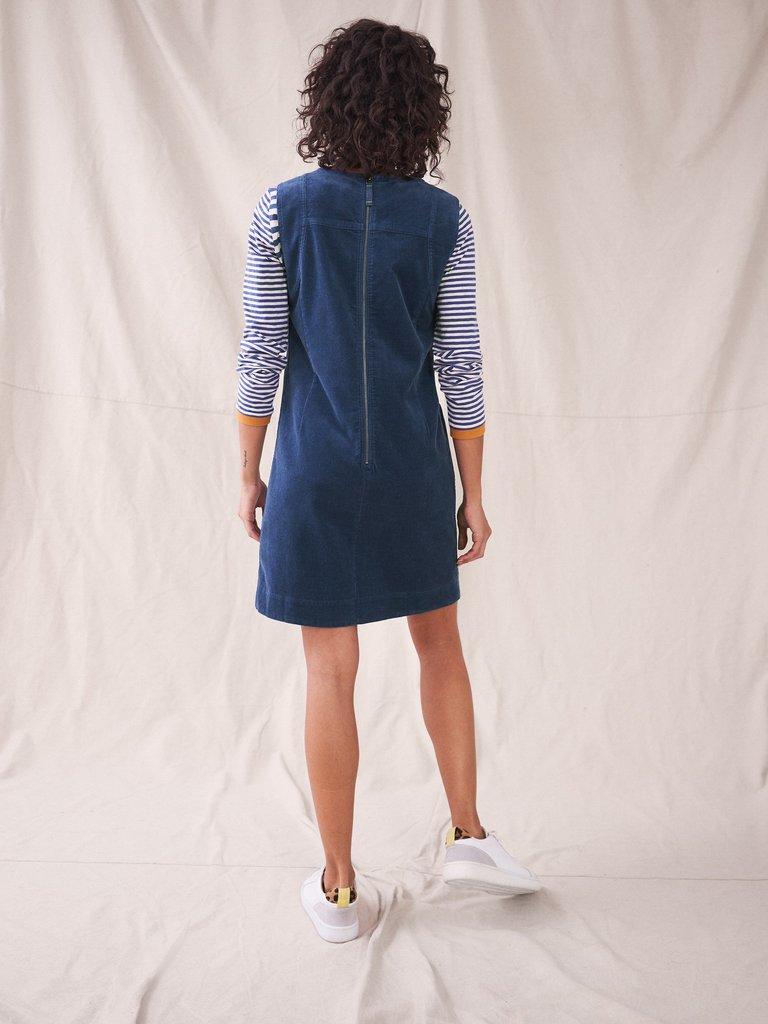 June Organic Pinny Dress in MID BLUE - MODEL BACK