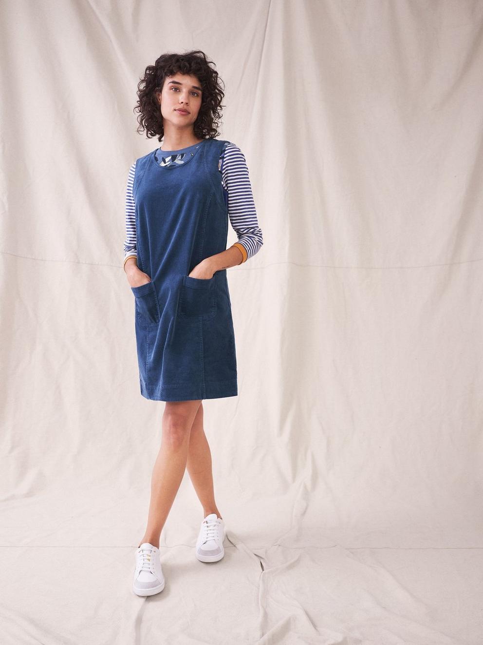 June Organic Pinny Dress in MID BLUE - MODEL FRONT