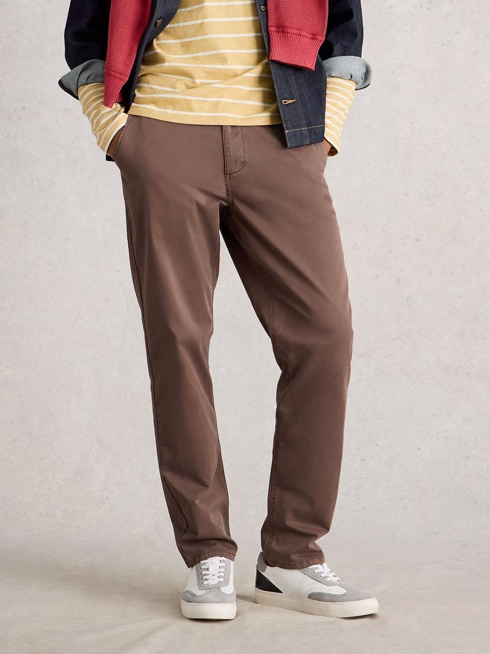 Sutton Organic Chino Trouser in DK BROWN - MODEL DETAIL