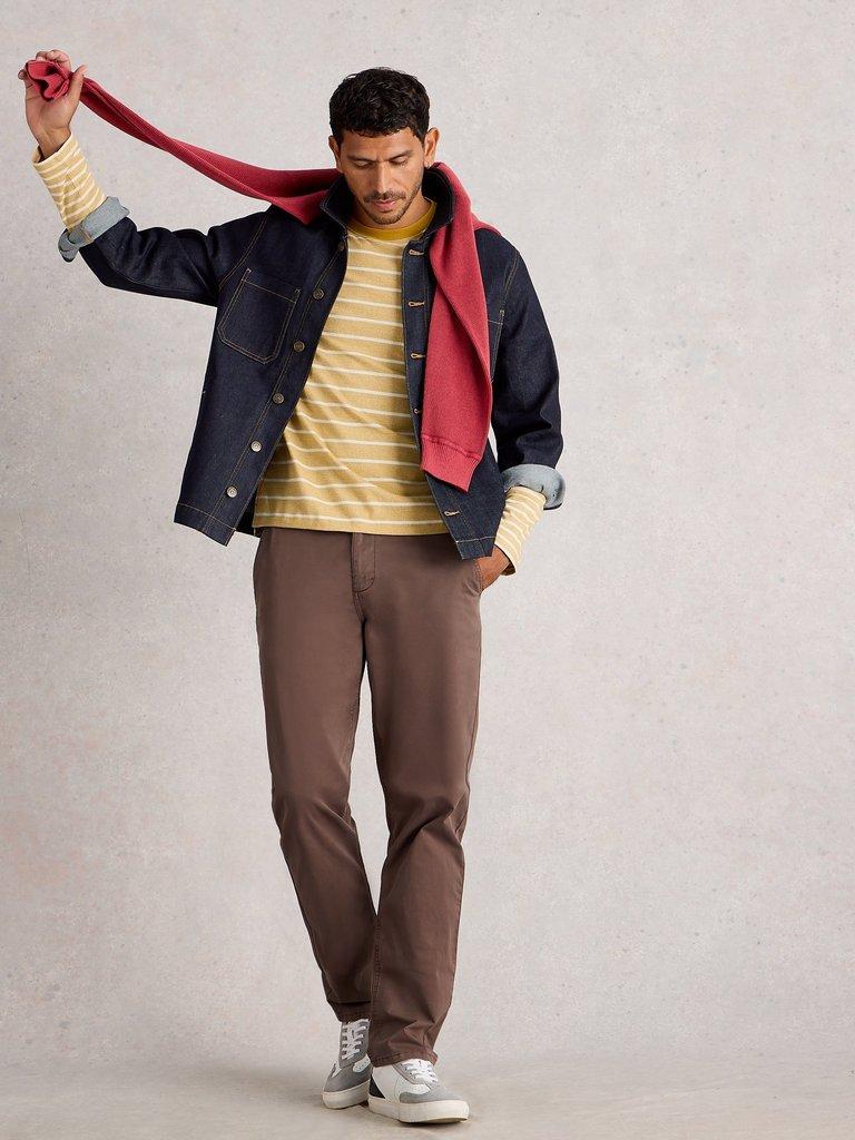 Sutton Organic Chino Trouser in DK BROWN - MODEL FRONT