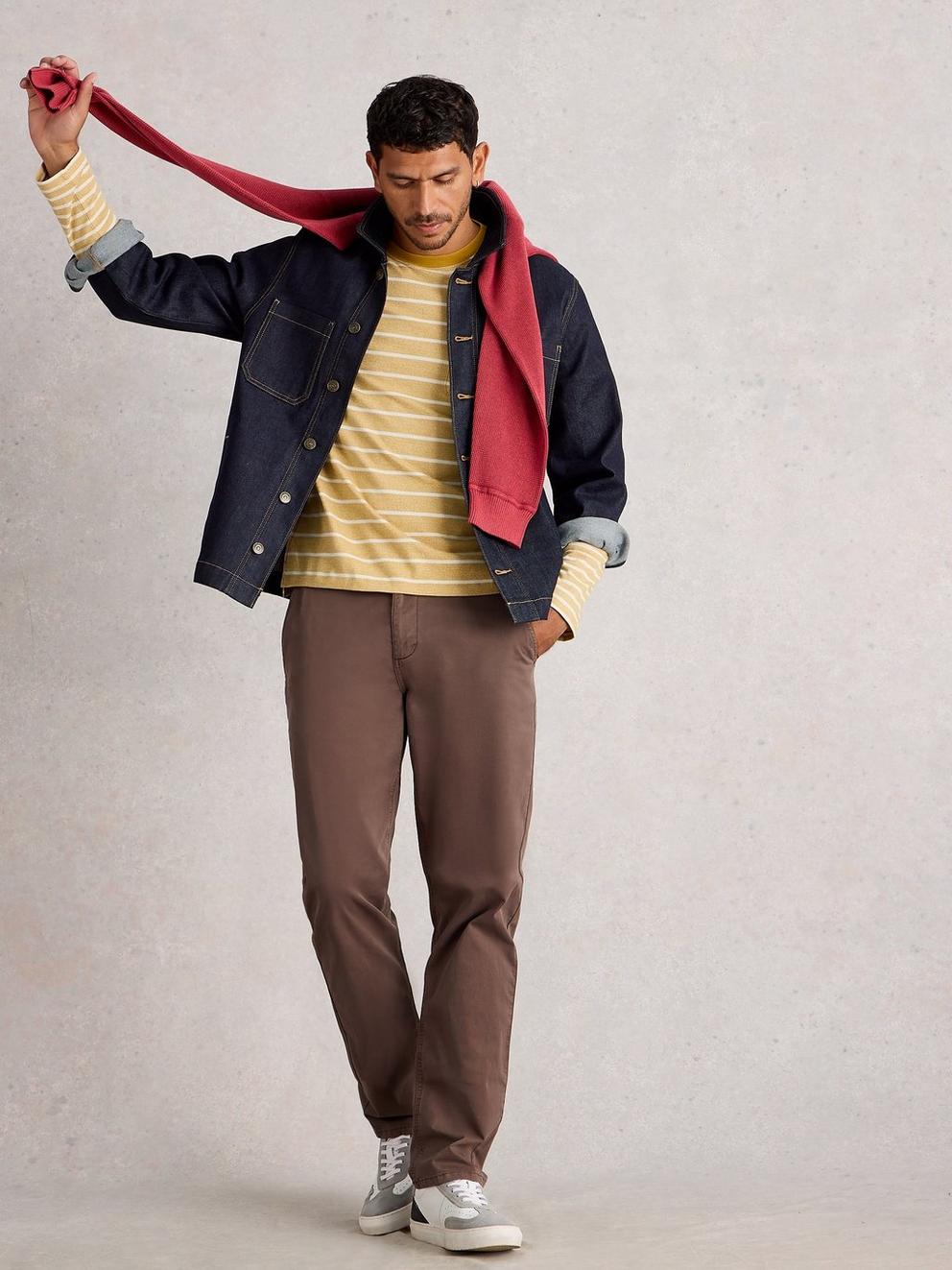 Sutton Organic Chino Trouser in DK BROWN - MODEL FRONT