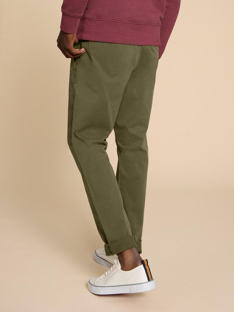 Sutton Organic Chino Trouser in KHAKI GRN - MODEL BACK