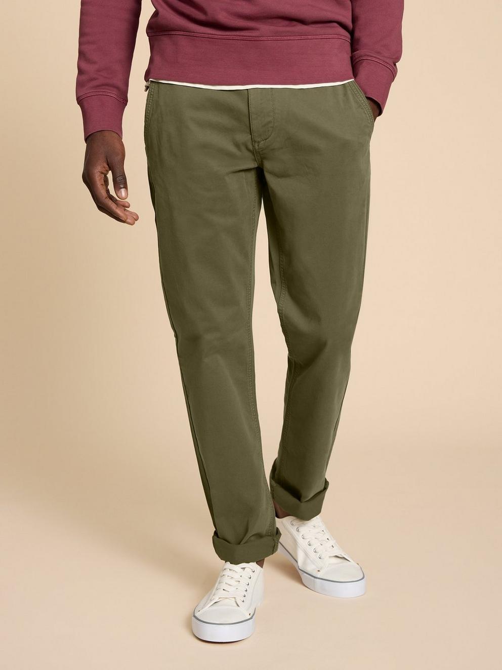 Sutton Organic Chino Trouser in KHAKI GRN - MODEL DETAIL