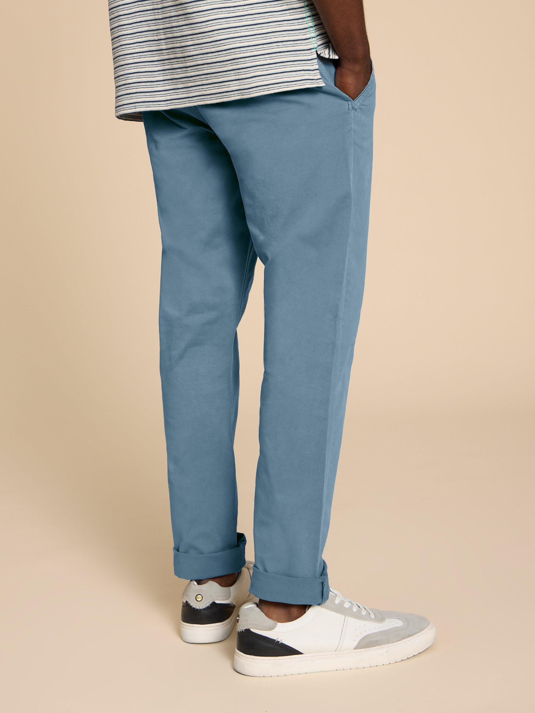 Sutton Organic Chino Trouser in MID BLUE - MODEL BACK