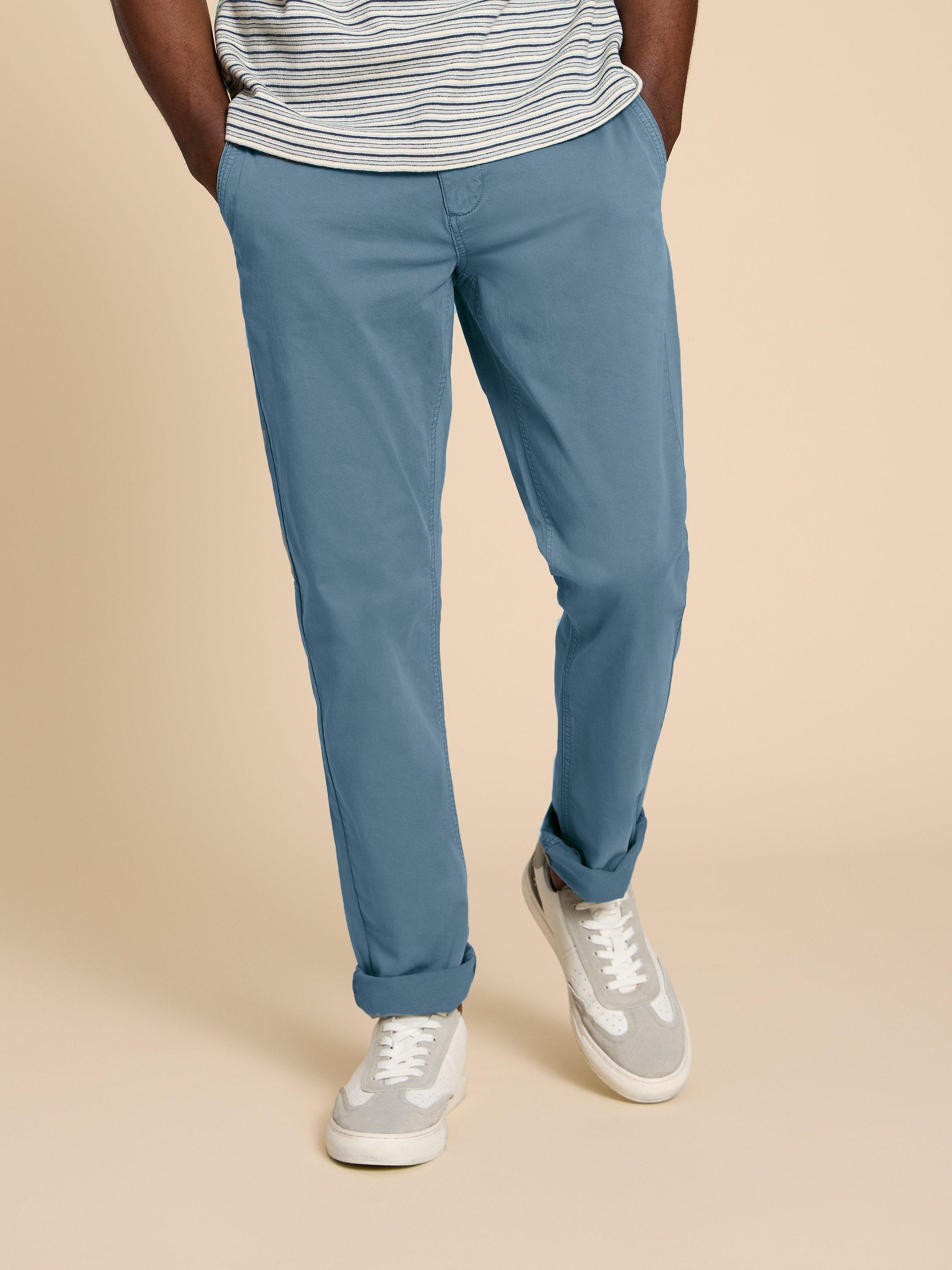 Sutton Organic Chino Trouser in MID BLUE - MODEL DETAIL