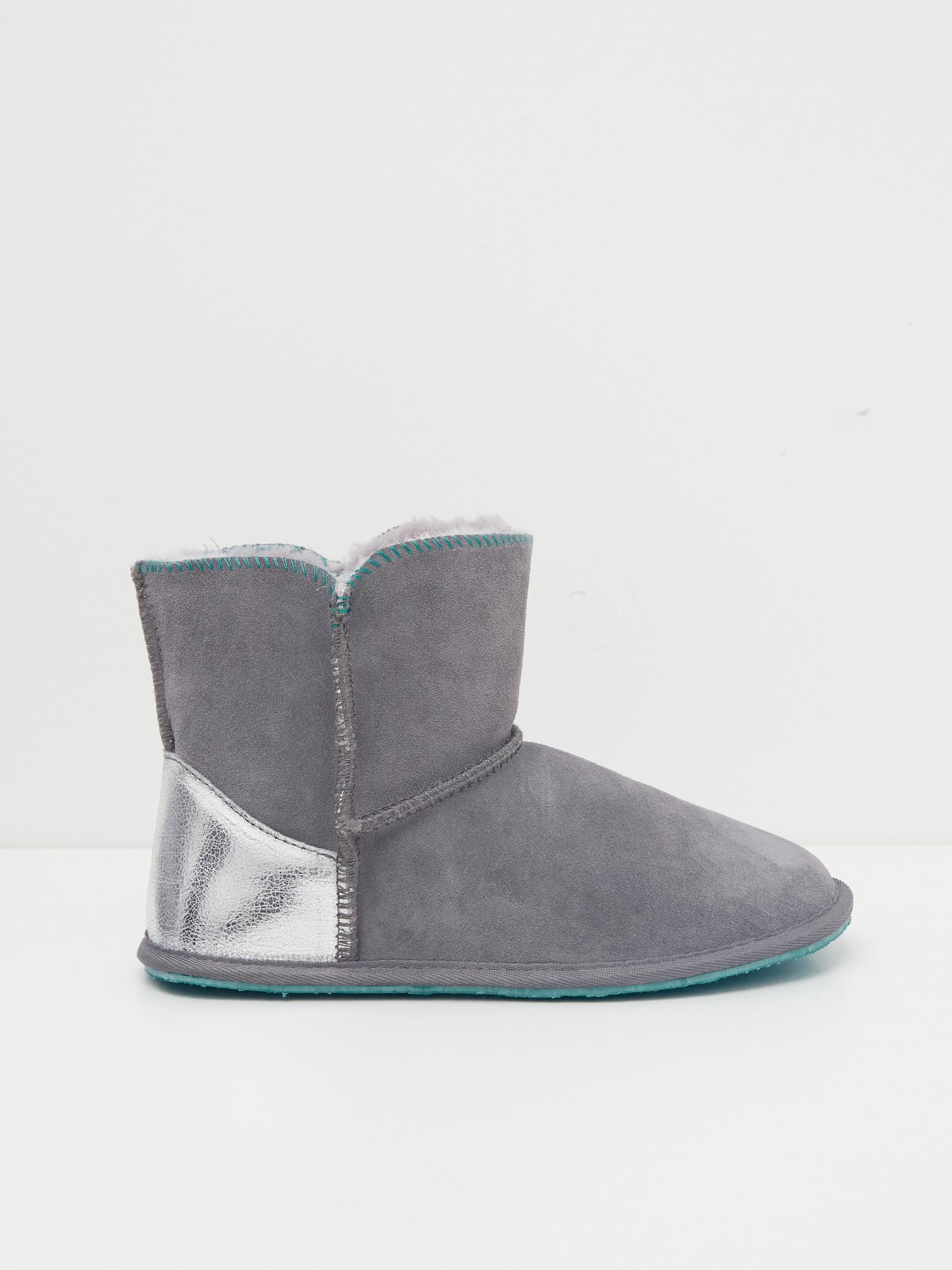 Suede and Shearling Bootie in DK GREY - MODEL FRONT
