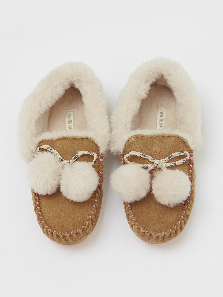 Suede and Shearling Moccasin in MID TAN - FLAT DETAIL