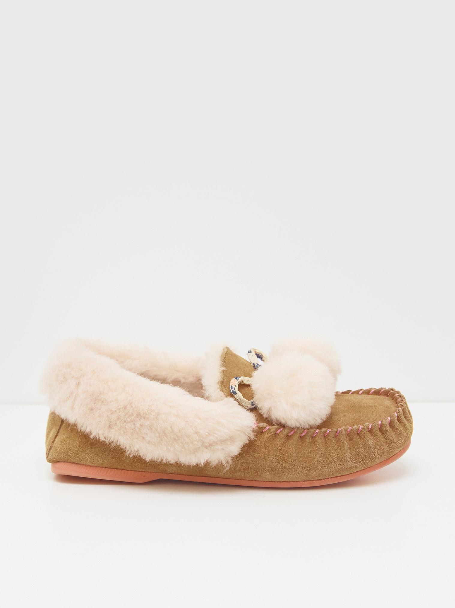 Suede and Shearling Moccasin in MID TAN - MODEL FRONT
