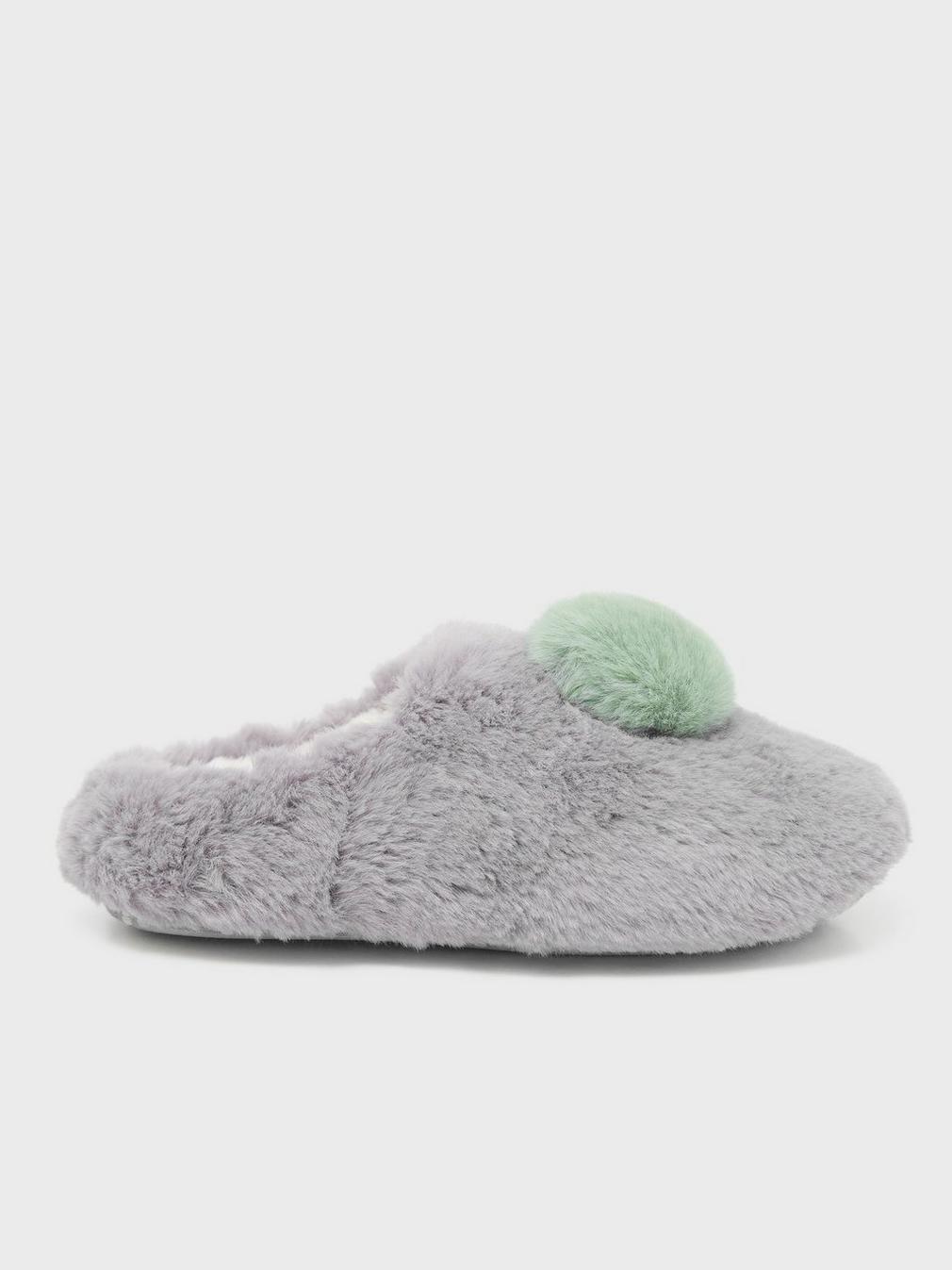 Faux Fur Mule in DK GREY - MODEL FRONT