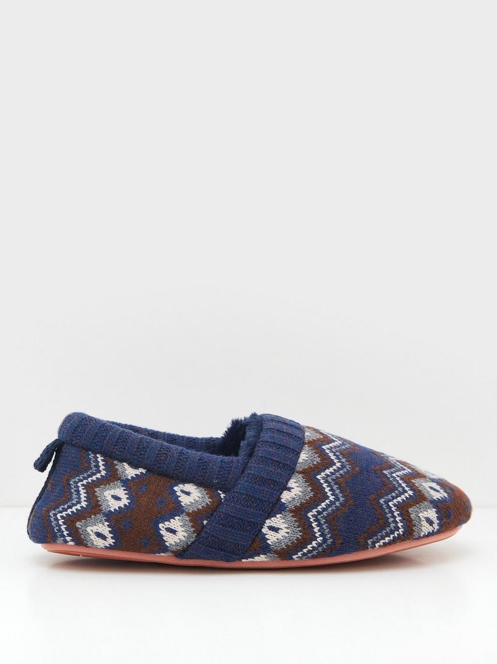 Fairisle Closed Back Slipper in NAVY MULTI - MODEL FRONT