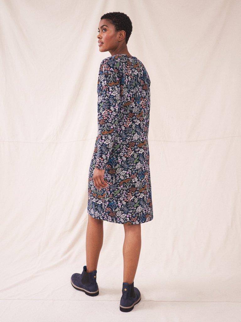 Freya Jersey Dress in NAVY MULTI - MODEL BACK