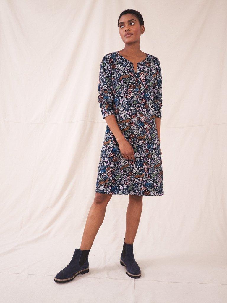 Freya Jersey Dress in NAVY MULTI - MODEL FRONT