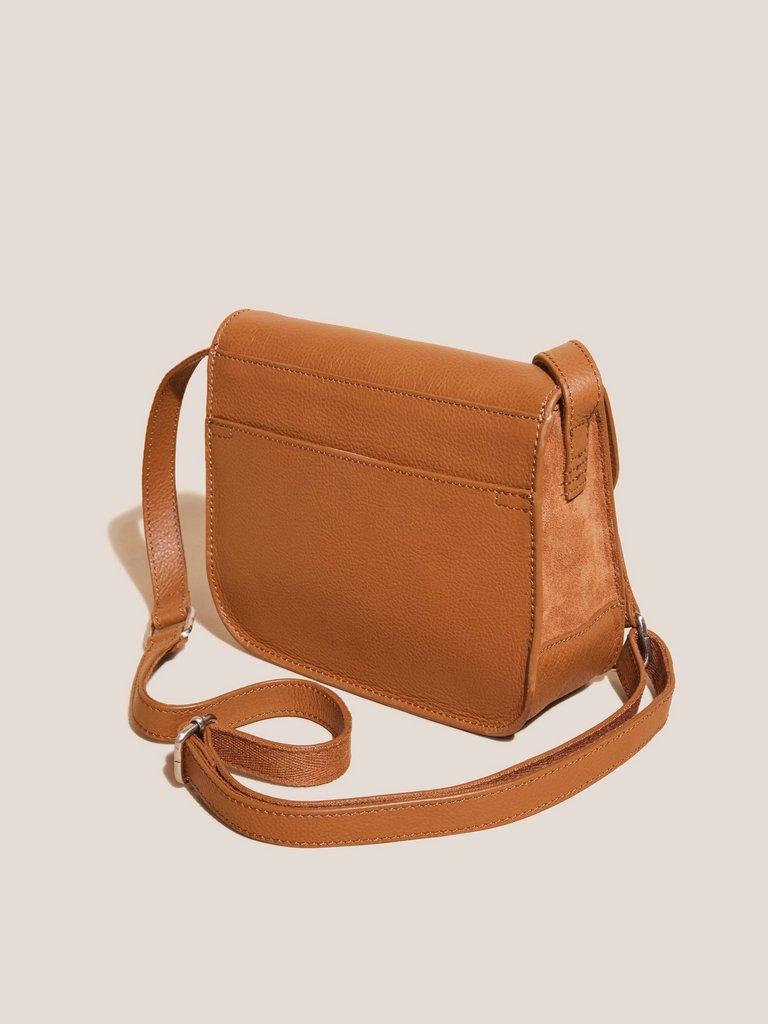 Eve Buckle Leather Satchel in MID TAN - MODEL BACK