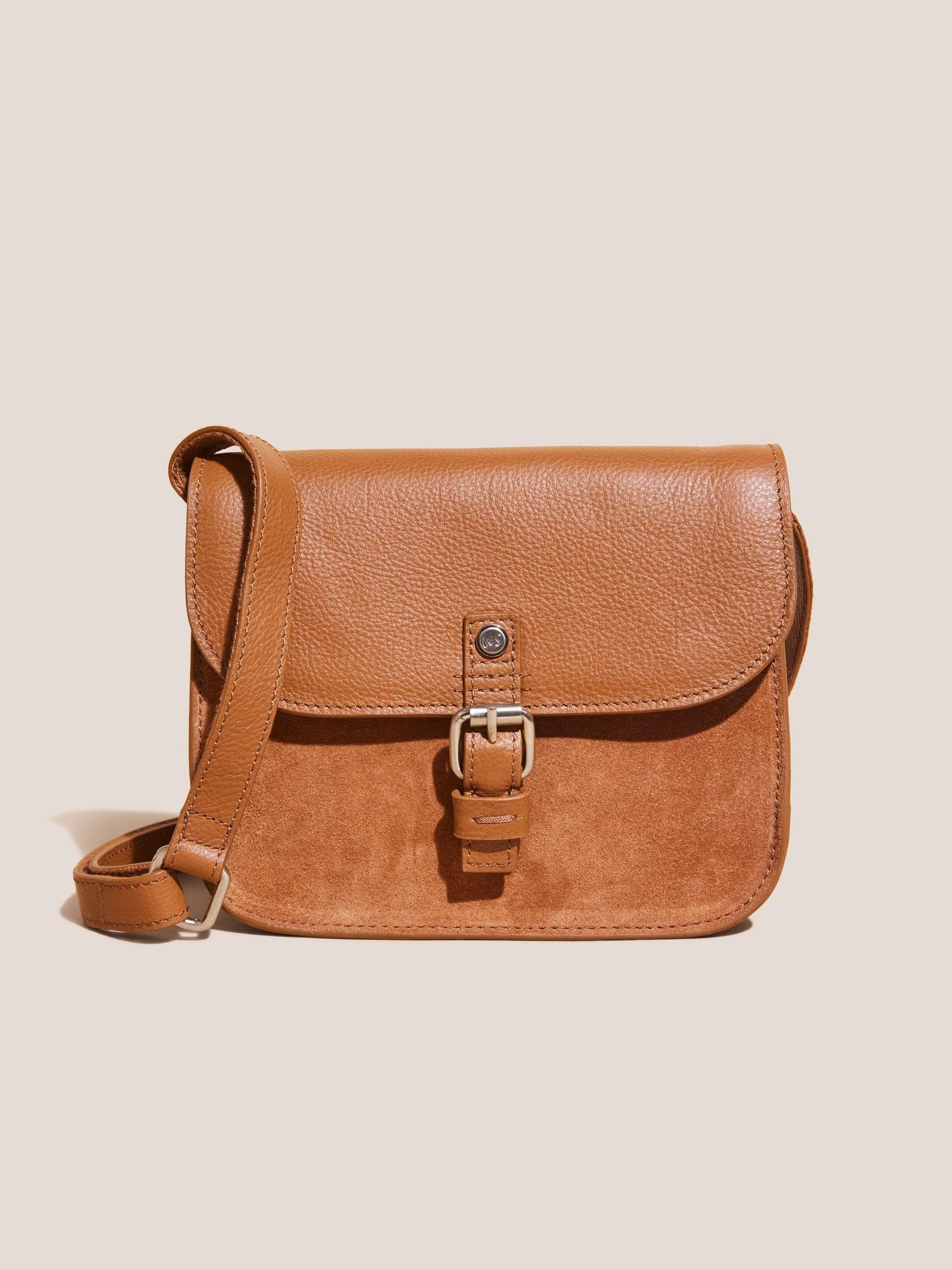 Eve Buckle Leather Satchel in MID TAN - MODEL FRONT