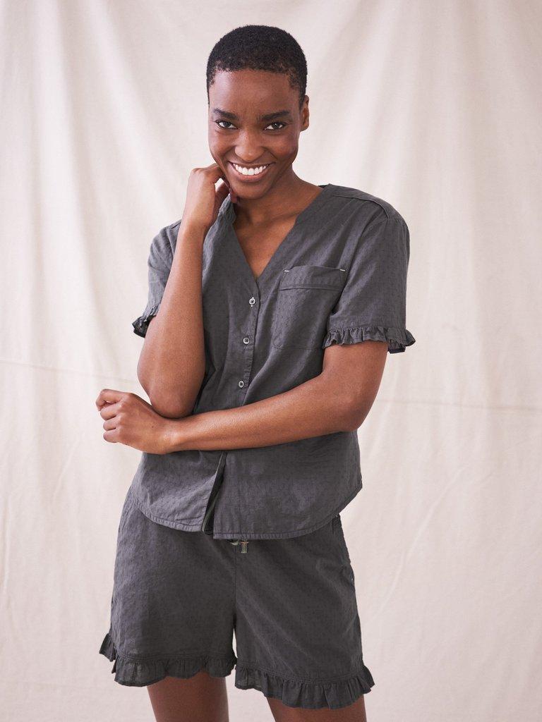 Fiona Frill PJ Shirt in WASHED BLK - MODEL FRONT