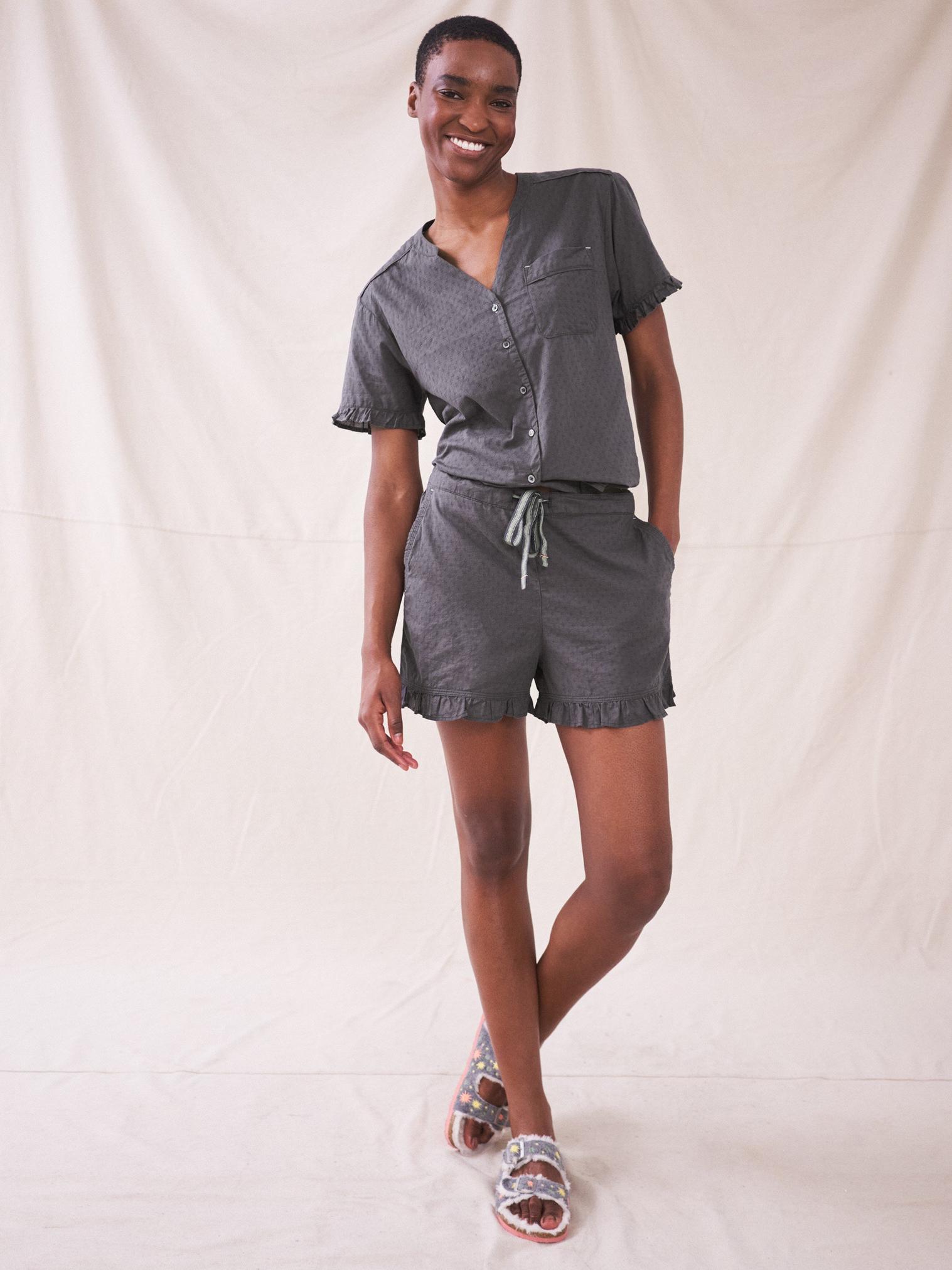 Fiona Frill PJ Short in WASHED BLK - MODEL FRONT