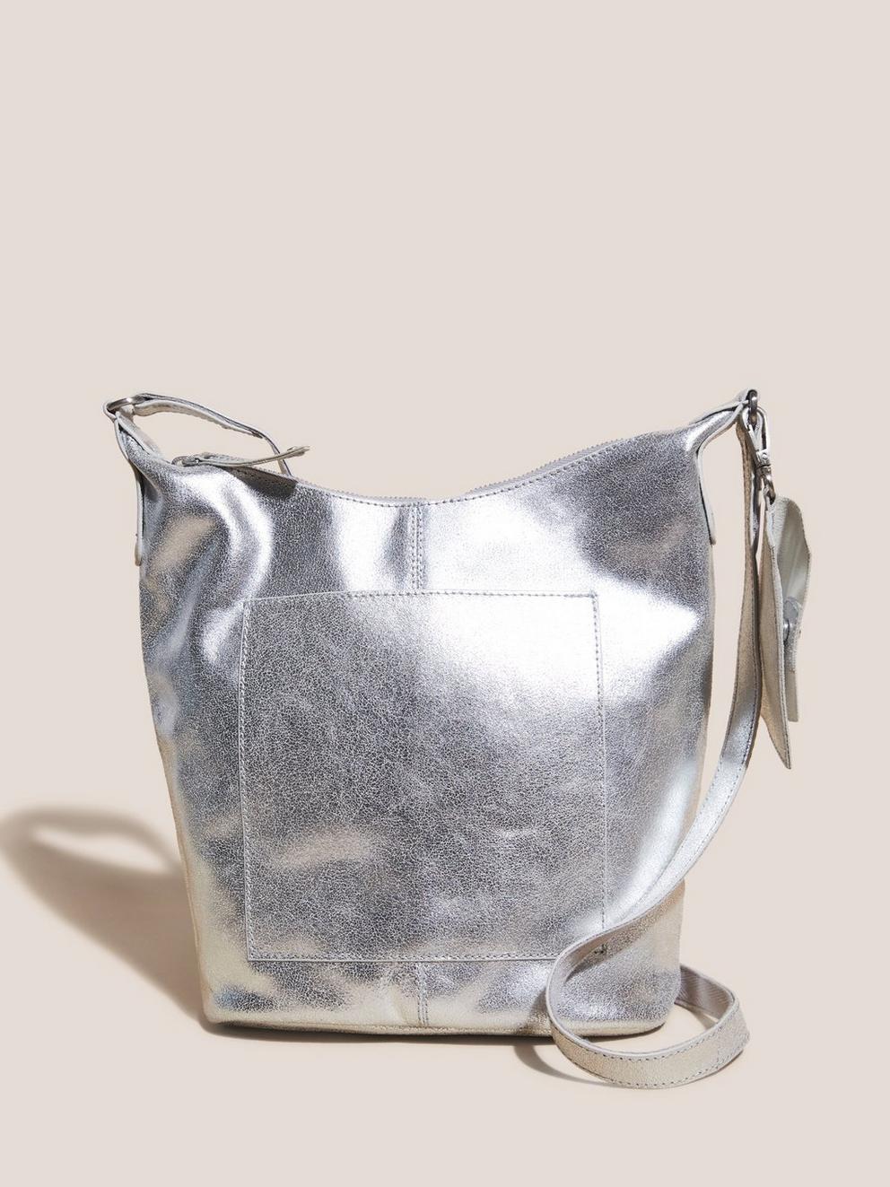 Fern Leather Crossbody in SLV TN MET - MODEL FRONT
