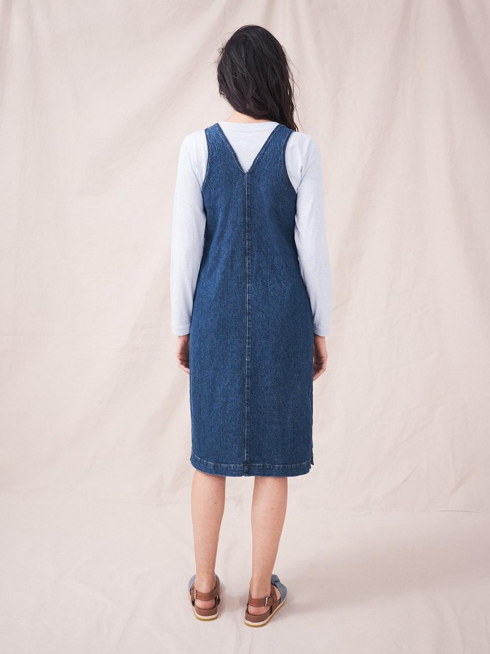 Willow Denim Midi Pinny Dress in LGT DENIM - MODEL BACK