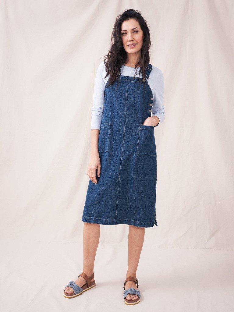 Willow Denim Midi Pinny Dress in LGT DENIM - MODEL FRONT