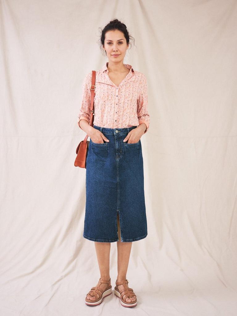 Poppy Denim Midi Skirt in MID DENIM - MODEL FRONT