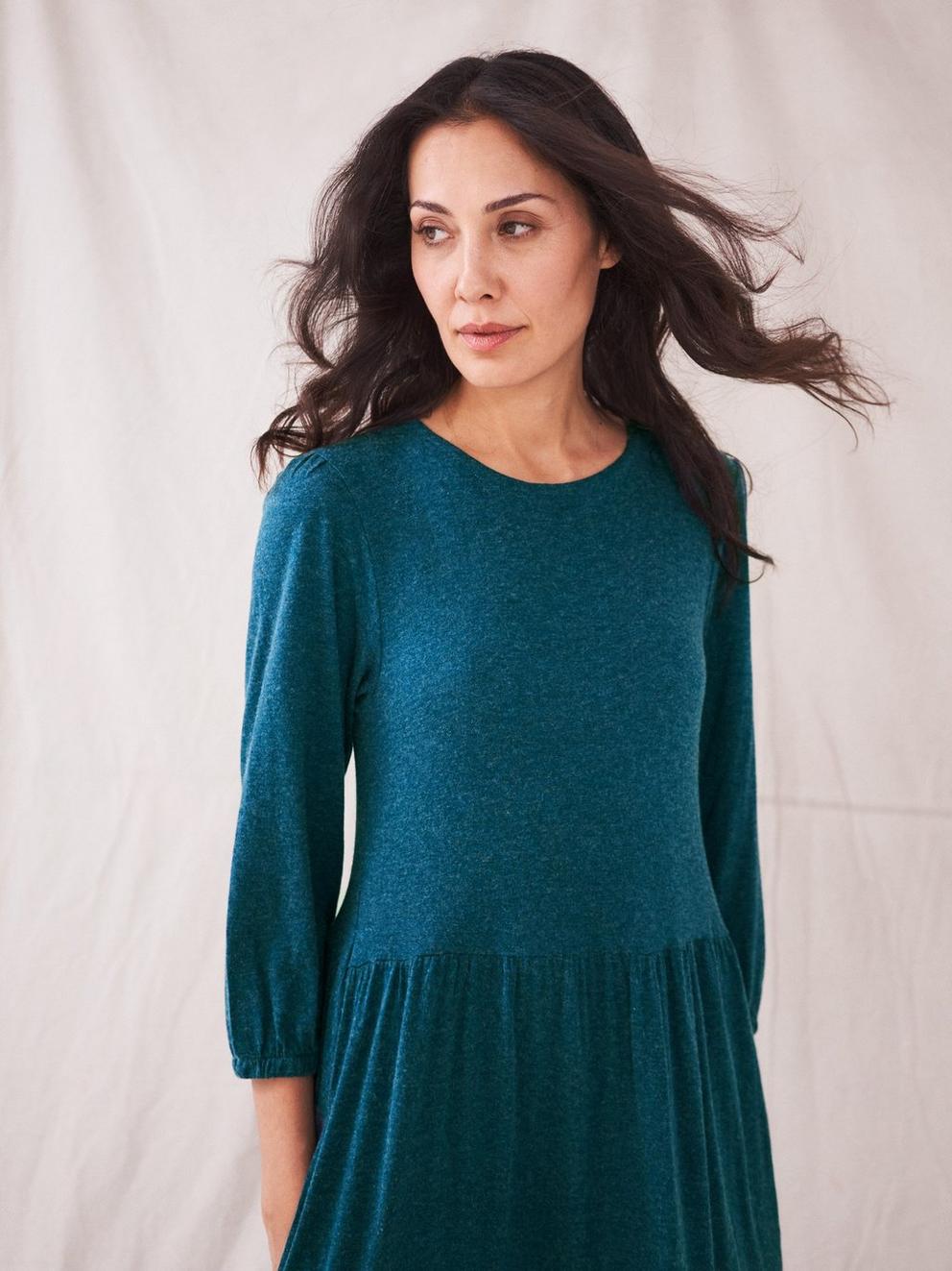 Atlantic Jersey Dress in DARK TEAL - MODEL DETAIL