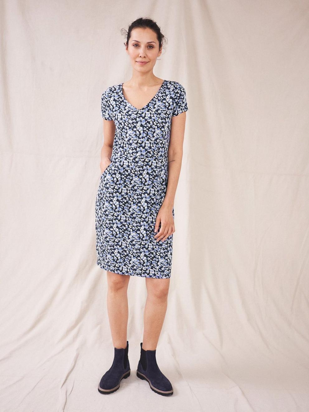 Chile Jersey Dress in NAVY MULTI - MODEL FRONT