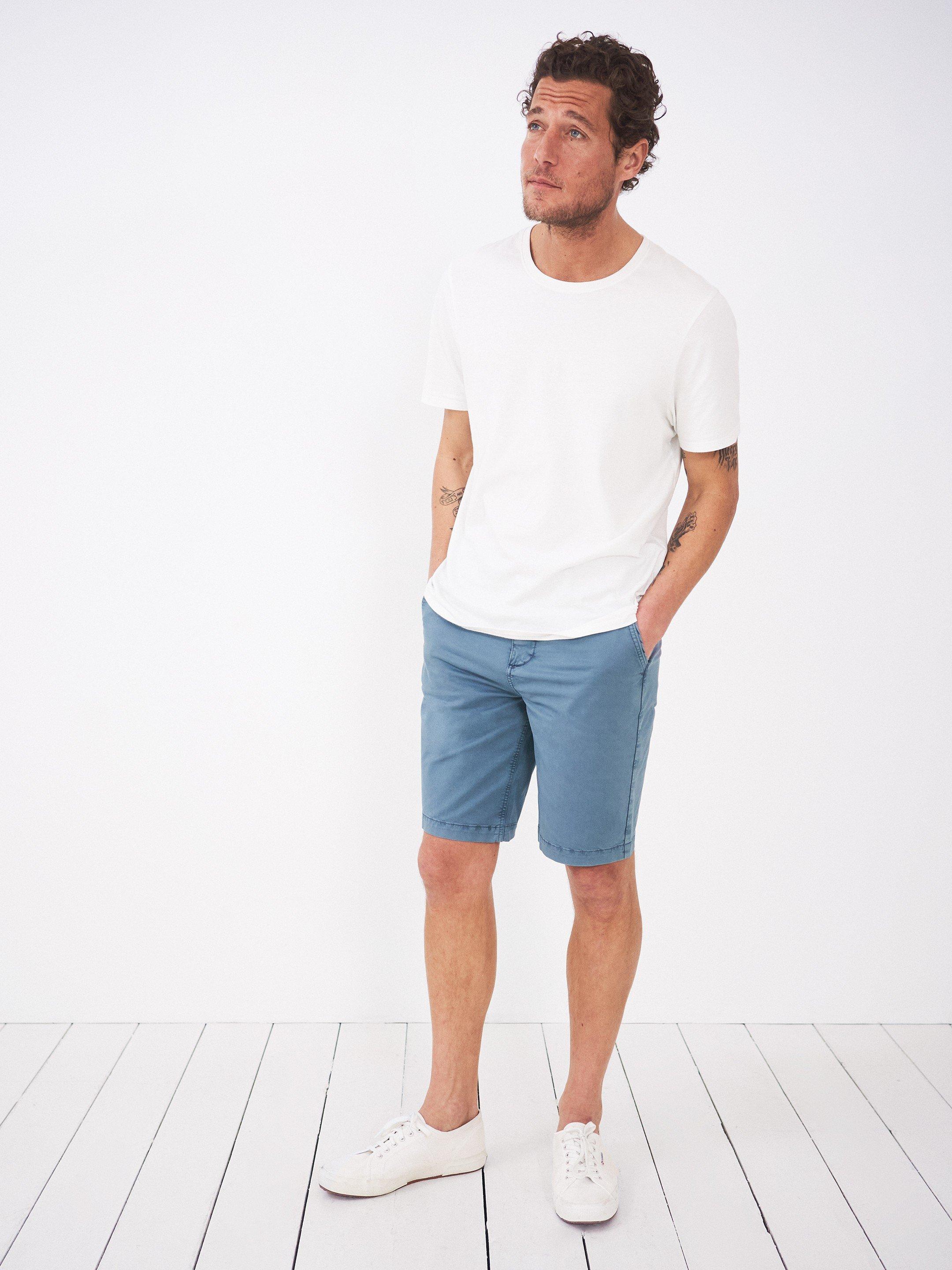 Sutton Organic Chino Shorts in MID BLUE - MODEL FRONT