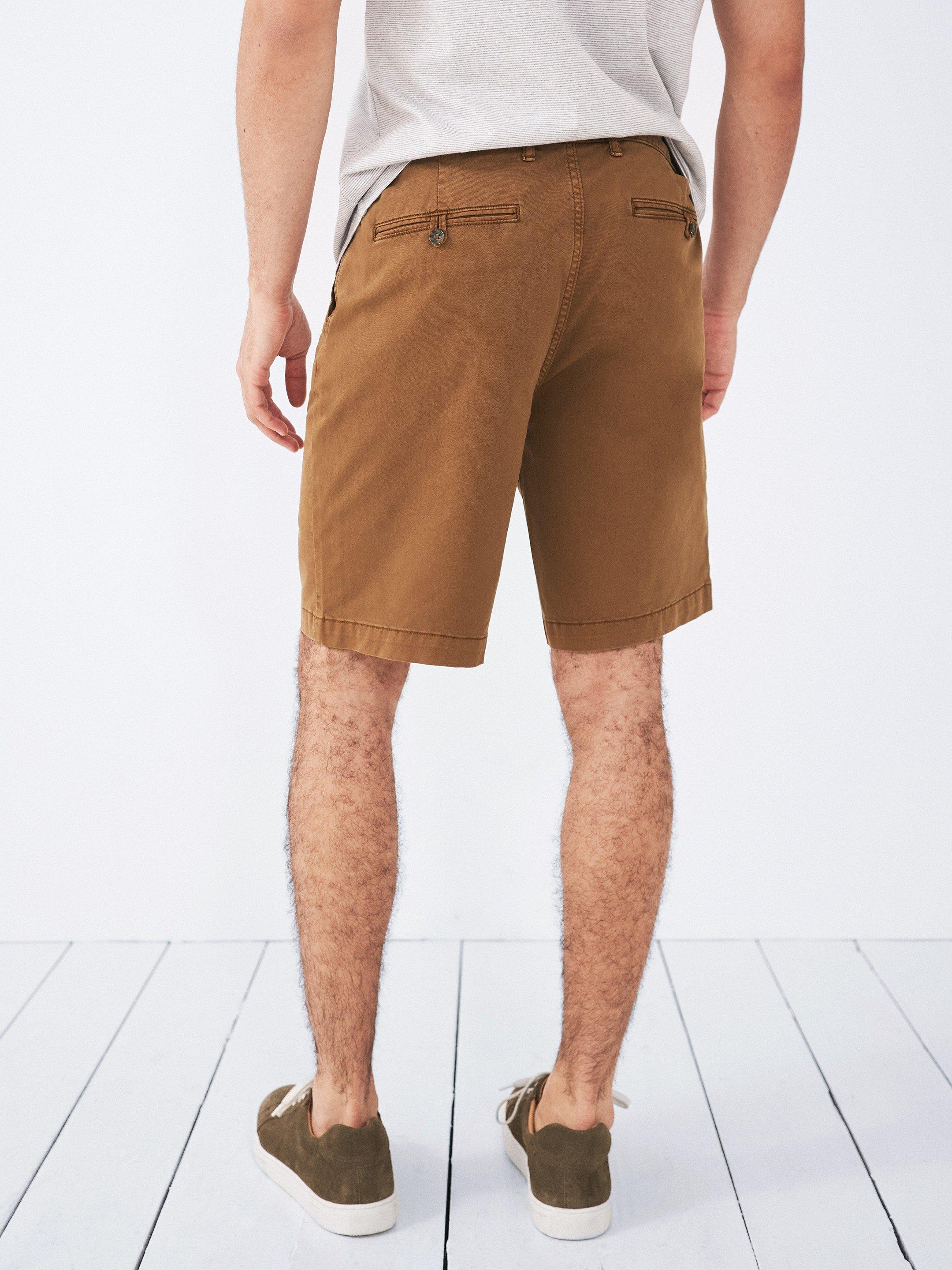 Sutton Organic Chino Shorts in MID BROWN - MODEL BACK