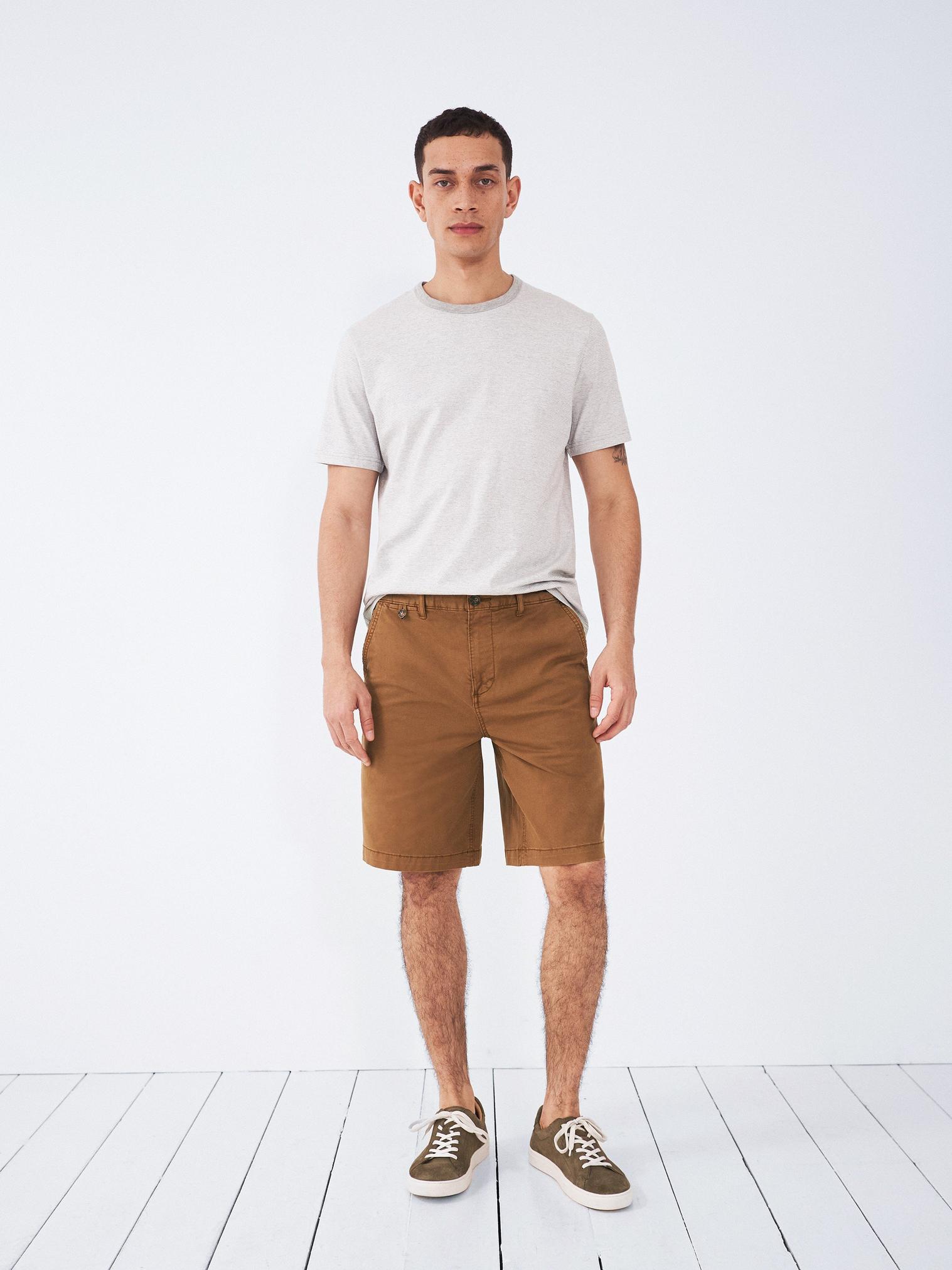Sutton Organic Chino Shorts in MID BROWN - MODEL FRONT