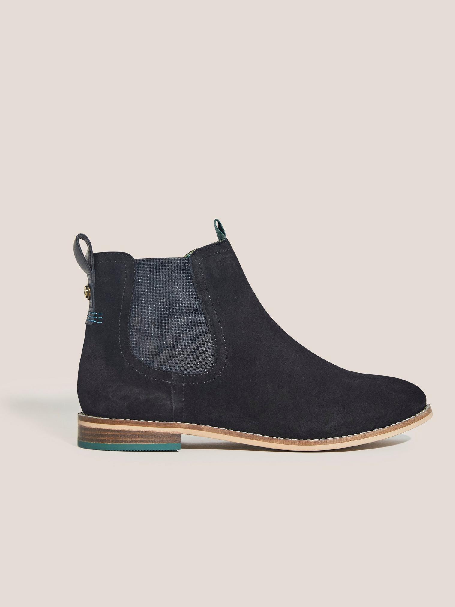 Flora Suede Chelsea Boot in PURE BLK - MODEL FRONT