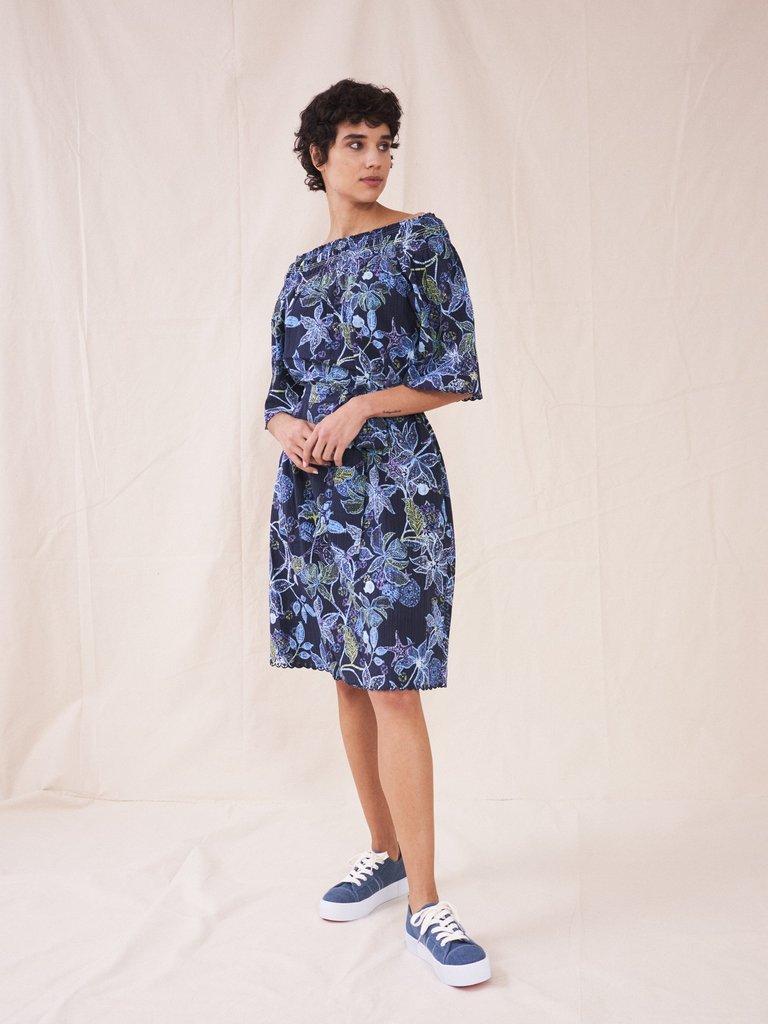 Skye Scallop Dress in NAVY MULTI - MODEL BACK