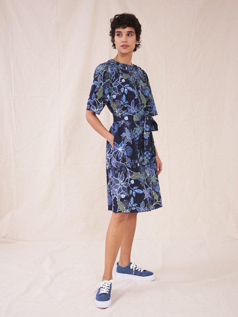 Skye Scallop Dress in NAVY MULTI - MODEL FRONT