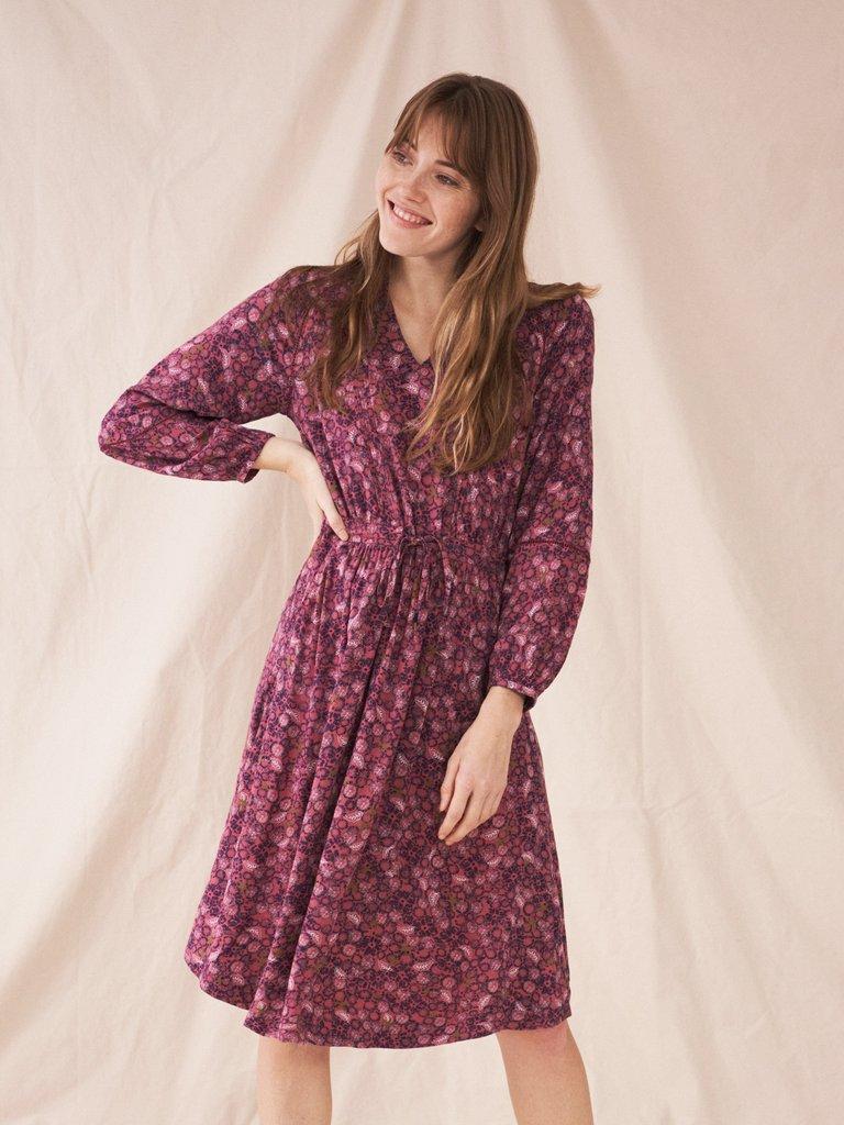 Aubrey Dress in PLUM MLT - MODEL FRONT