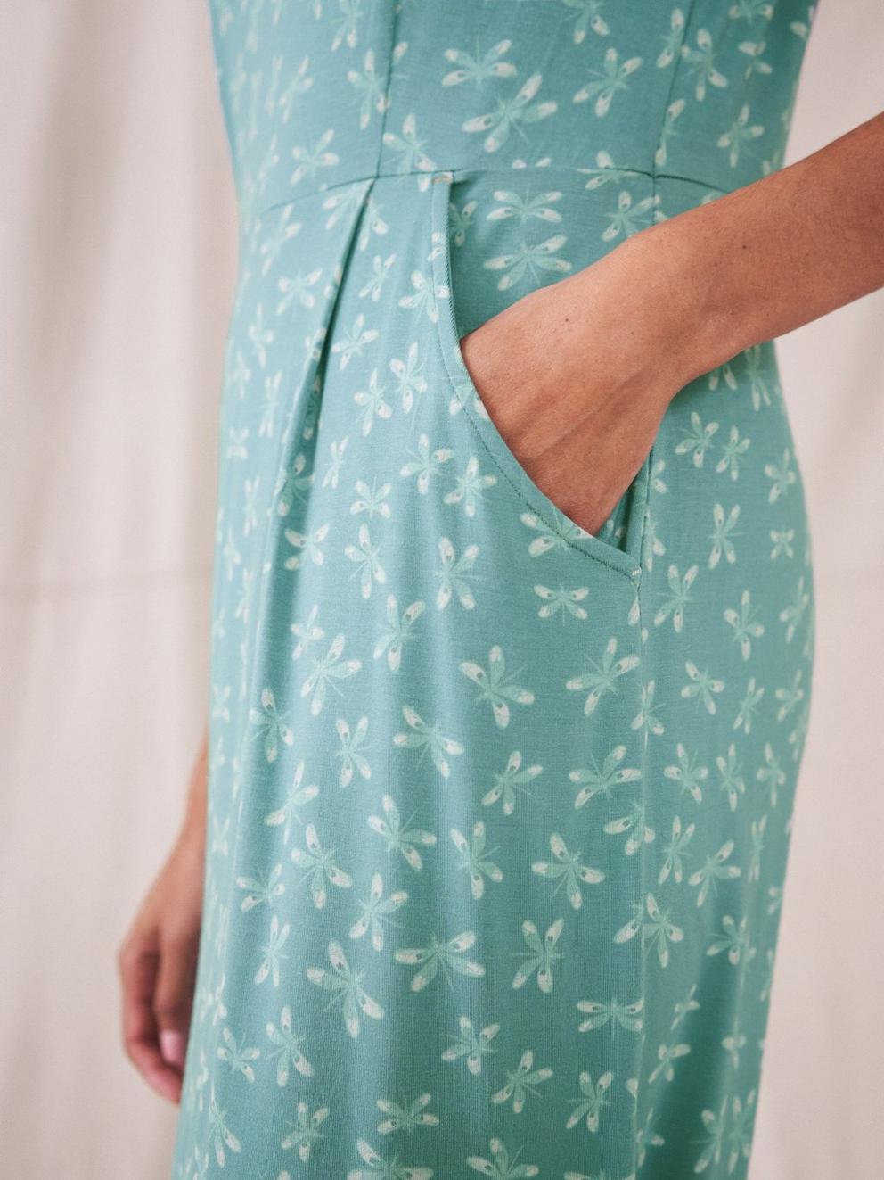 Chile Eco Vero Jersey Dress in TEAL MLT - MODEL BACK