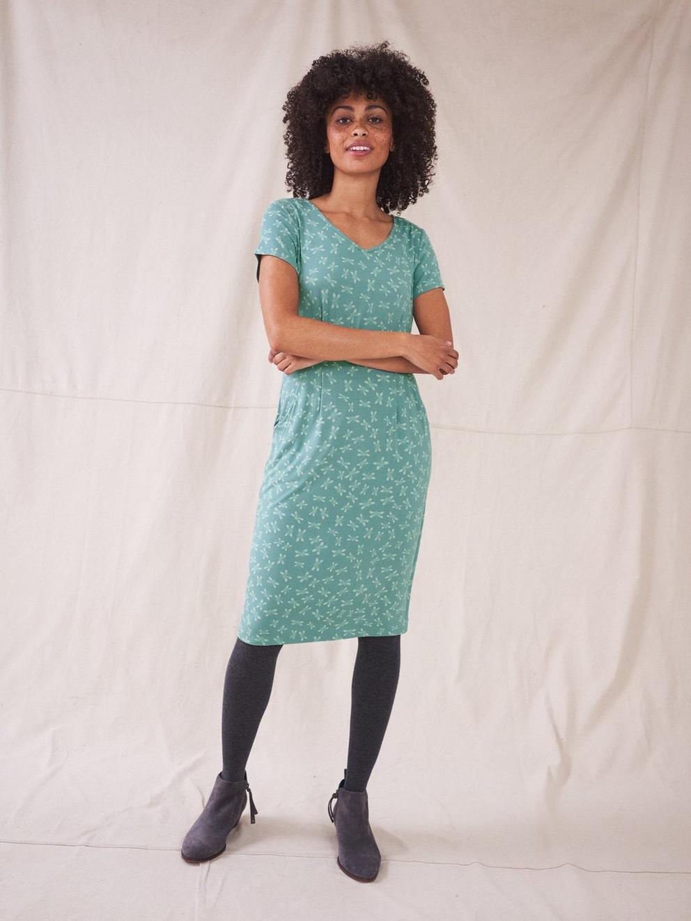 Chile Eco Vero Jersey Dress in TEAL MLT - MODEL DETAIL