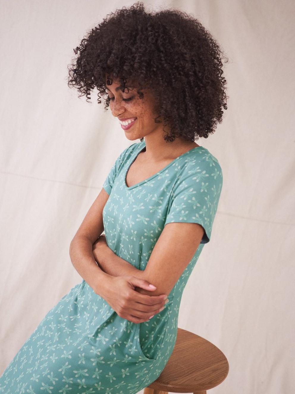 Chile Eco Vero Jersey Dress in TEAL MLT - MODEL FRONT