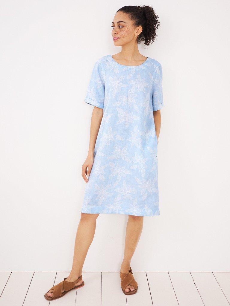 Edie Linen Dress in BLUE MLT - MODEL FRONT