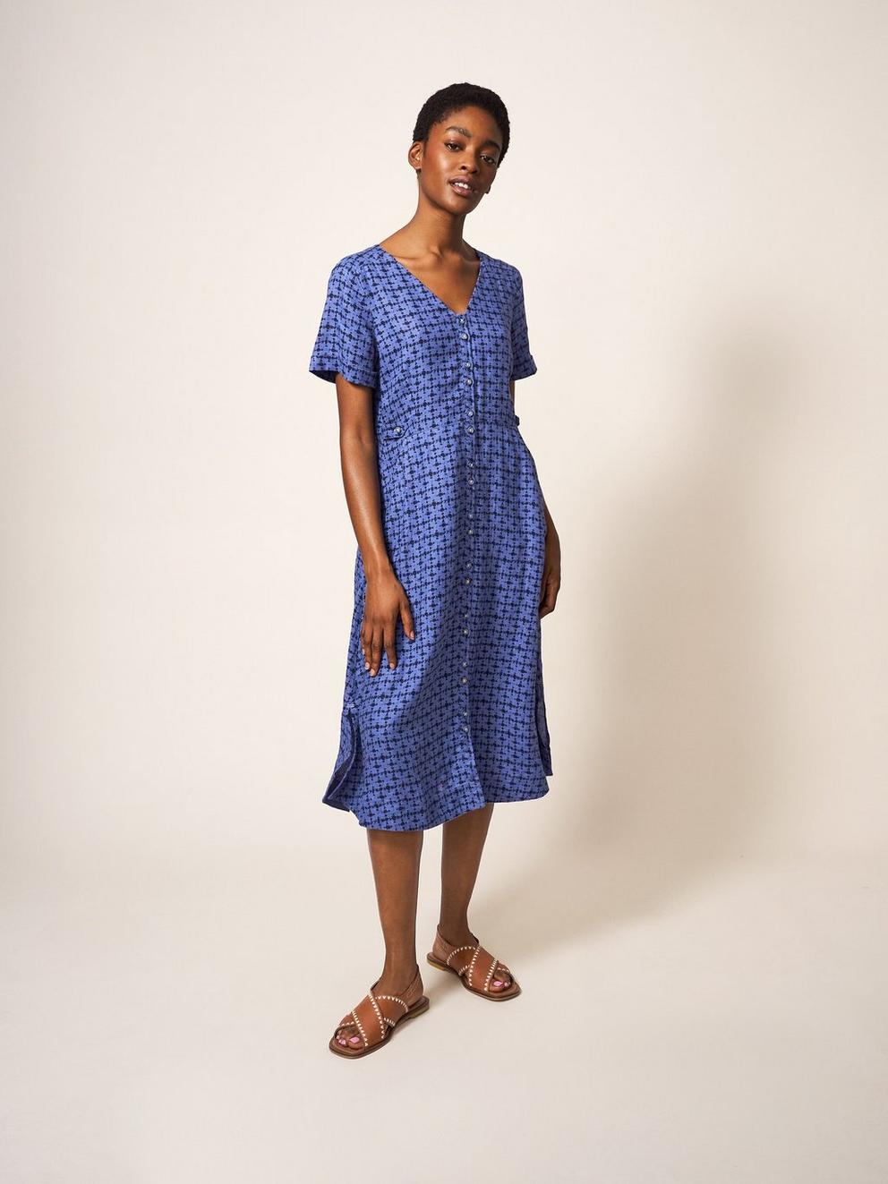 Ivy Linen Midi Dress in BLUE MLT - LIFESTYLE