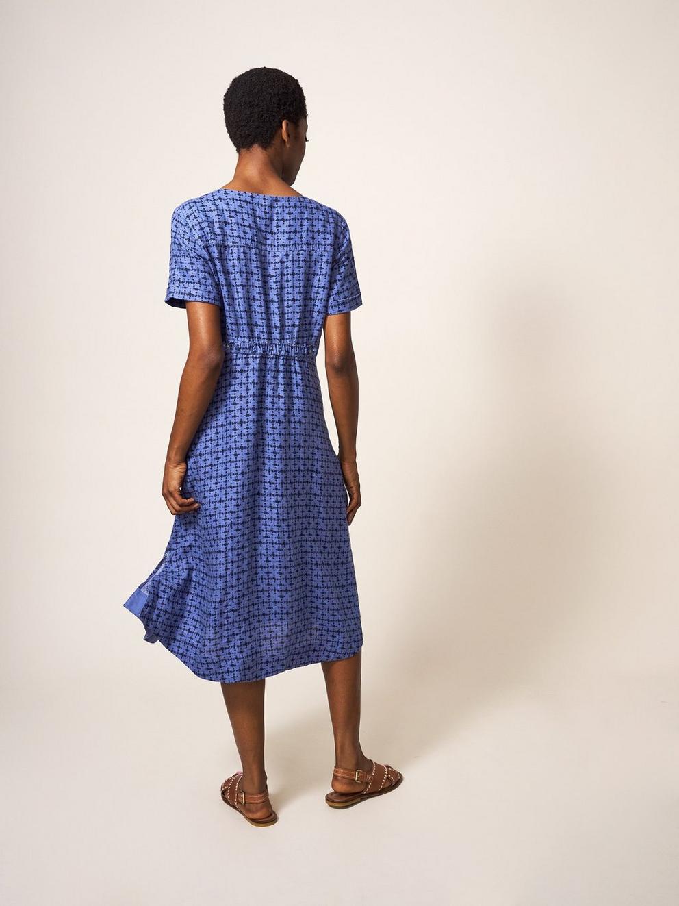 Ivy Linen Midi Dress in BLUE MLT - MODEL BACK