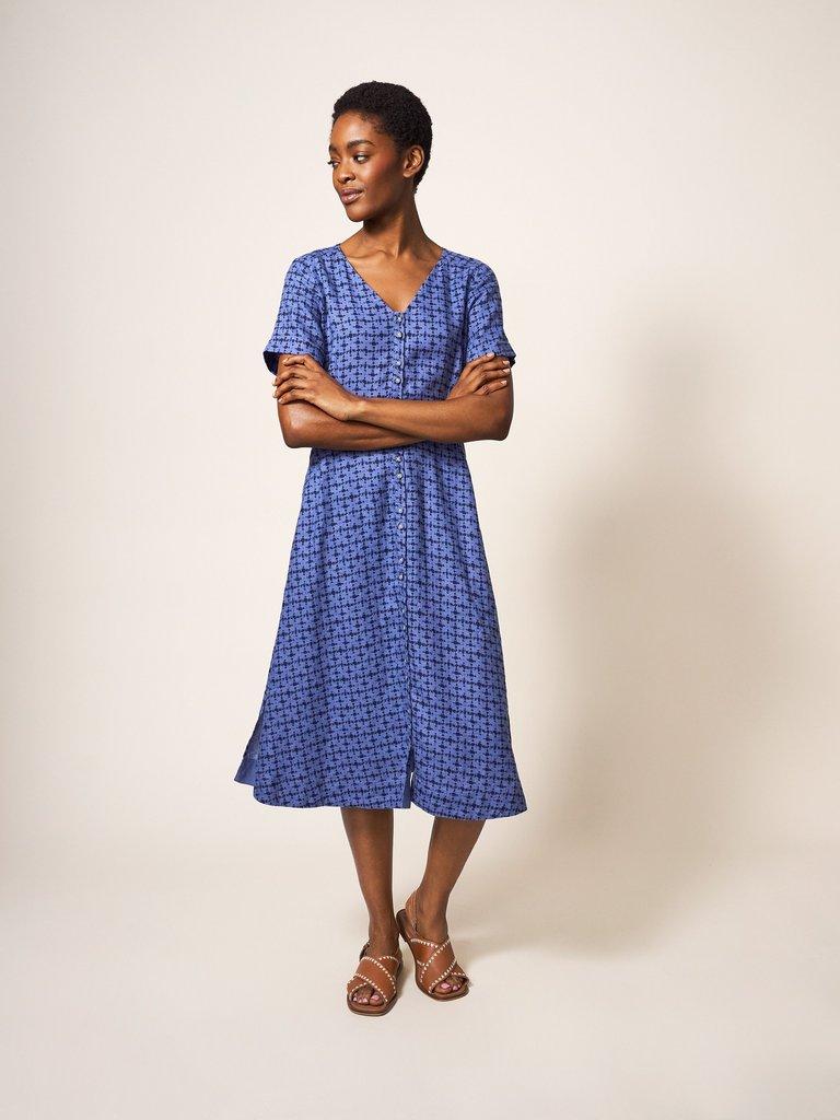 Ivy Linen Midi Dress in BLUE MLT - MODEL FRONT