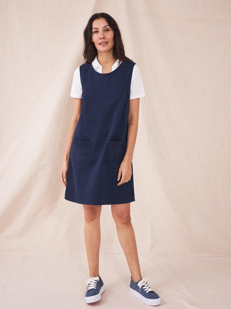 Janey Organic Cotton Pinafore in DARK NAVY - MODEL FRONT