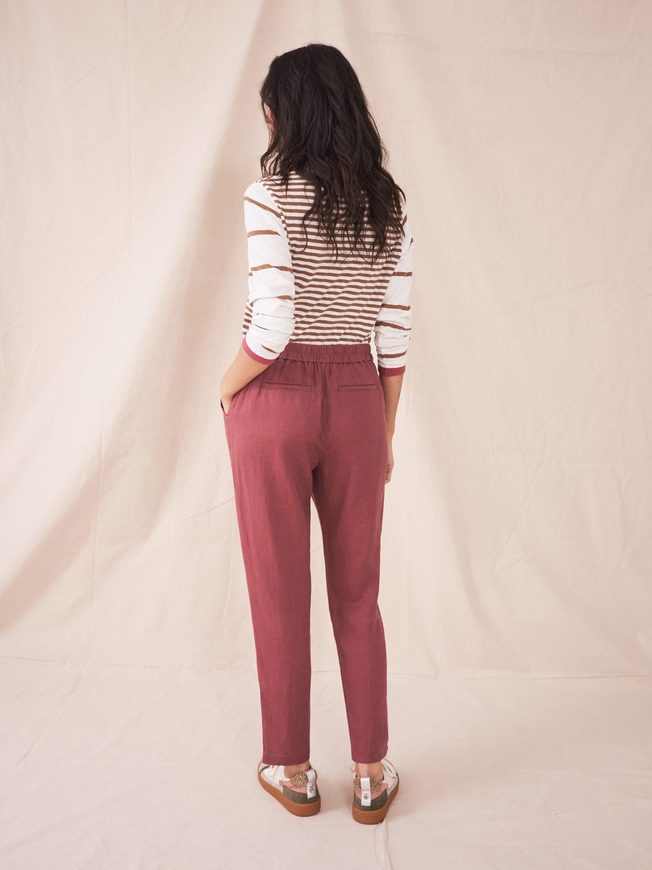 Maddie Linen Trouser in MID PLUM - MODEL BACK
