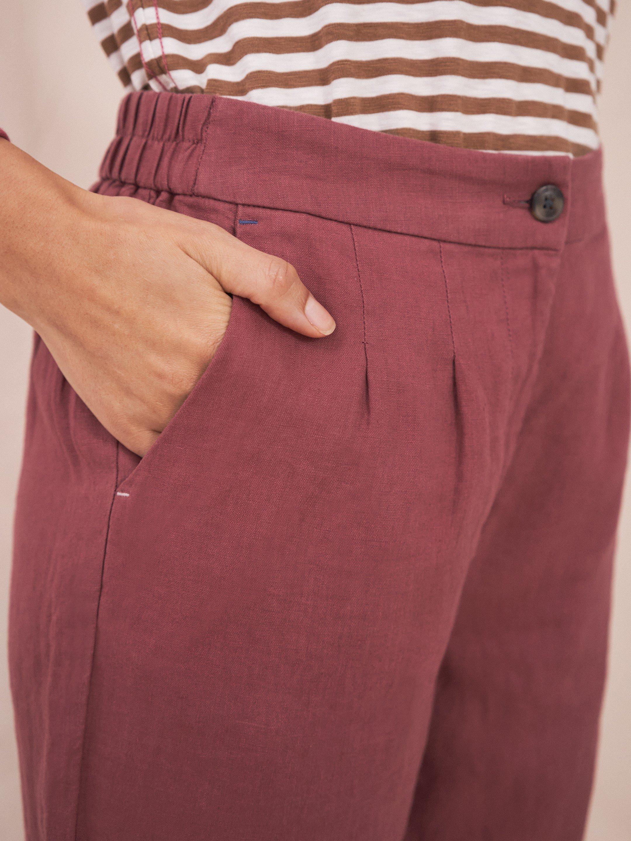 Maddie Linen Trouser in MID PLUM - MODEL DETAIL